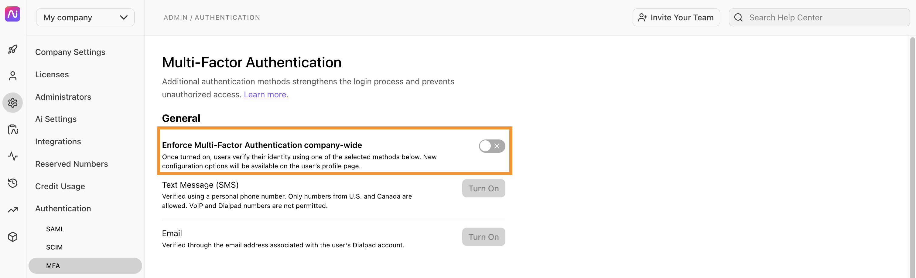 Settings page for enforcing company-wide multi-factor authentication with feature turned off.